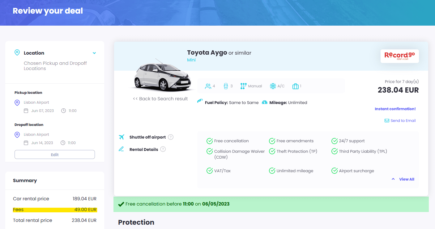 Young driver fee displayed on offer