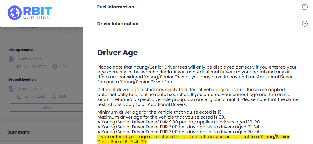 How to find young driver fee